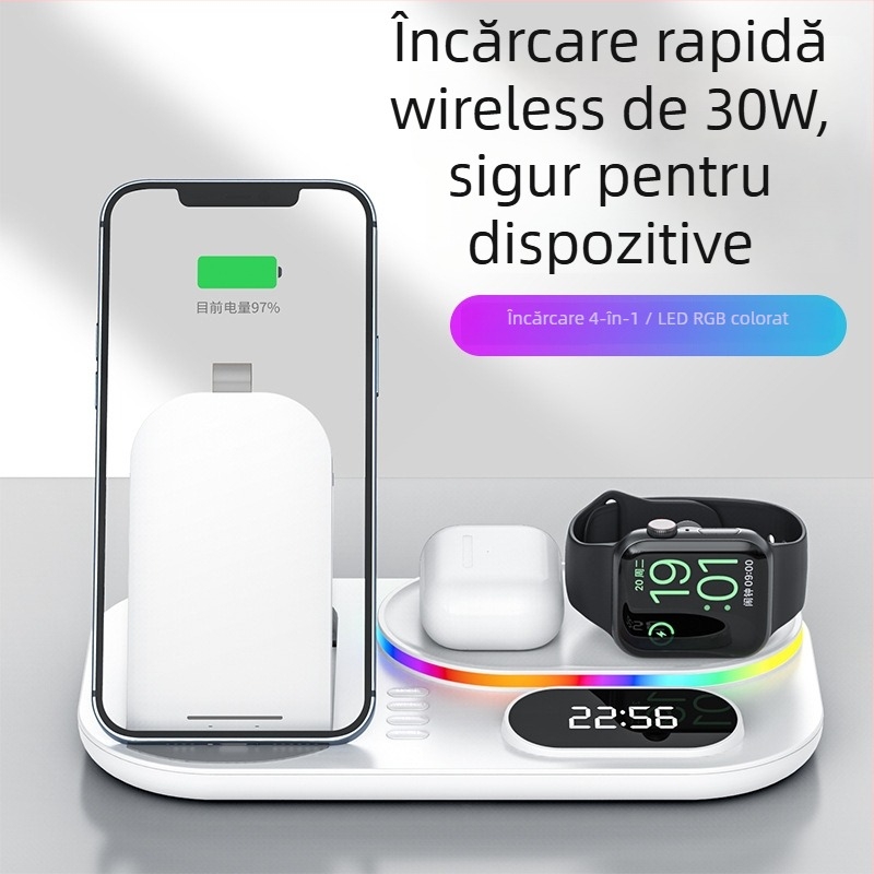 Xjcx Xiajiang Innovation Încărcător wireless 3 în 1 pentru iPhone Apple și Apple Watch Series 1–7 – bază 30W, încărcare magnetică, afișaj digital, Type-C, QC4.0