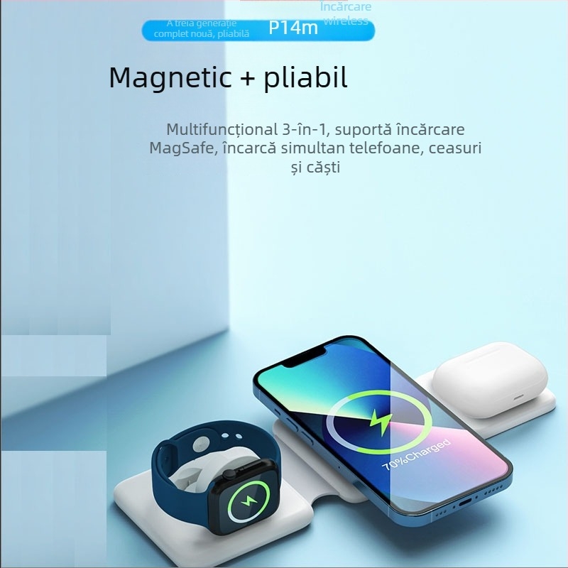 Stație încărcare wireless magnetică 3‑in‑1 cu PD – pentru telefoane, ceasuri și căști – 15W max, pliabil