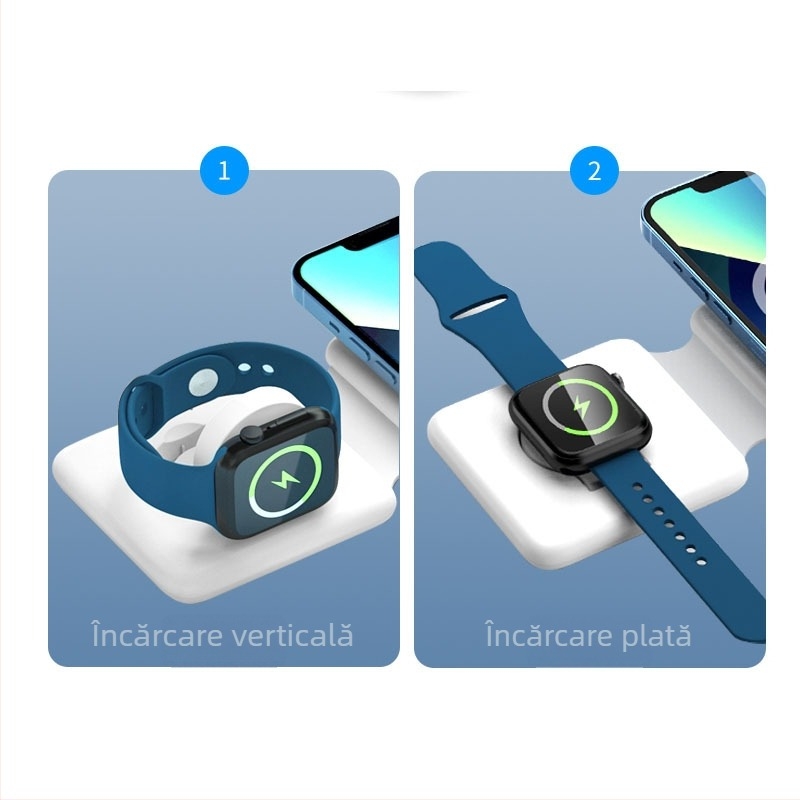Stație încărcare wireless magnetică 3‑in‑1 cu PD – pentru telefoane, ceasuri și căști – 15W max, pliabil