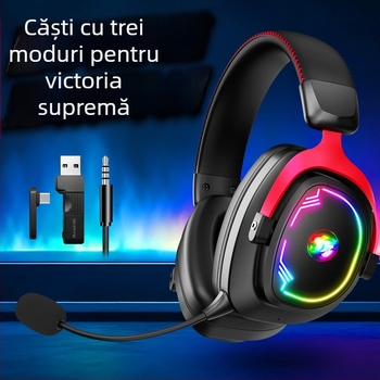 Căști de gaming fără fir cu trei moduri, microfon detașabil, conector USB, difuzoare de 50 mm, Bluetooth 2.4G pentru PC