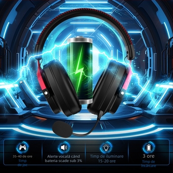 Căști de gaming fără fir cu trei moduri, microfon detașabil, conector USB, difuzoare de 50 mm, Bluetooth 2.4G pentru PC