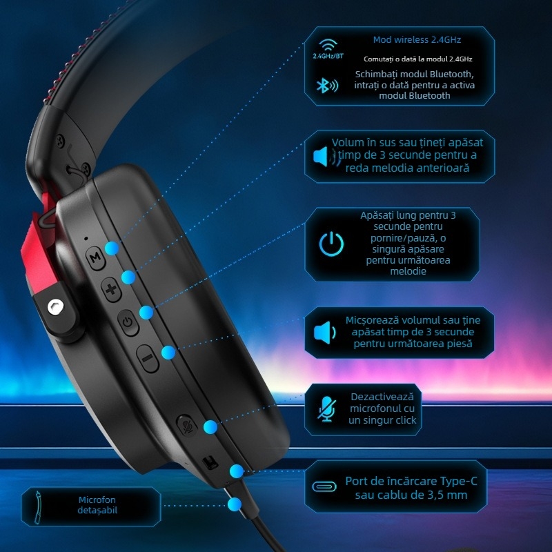 Căști de gaming fără fir cu trei moduri, microfon detașabil, conector USB, difuzoare de 50 mm, Bluetooth 2.4G pentru PC