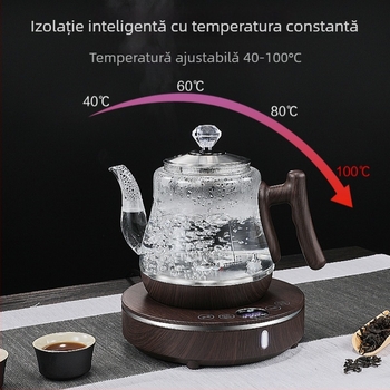 Set ceai electric cu oală de sticlă și bază ceramică, 1000–1500W, capacitate 1–2L, bază rotativă 360°, protecție împotriva uscării