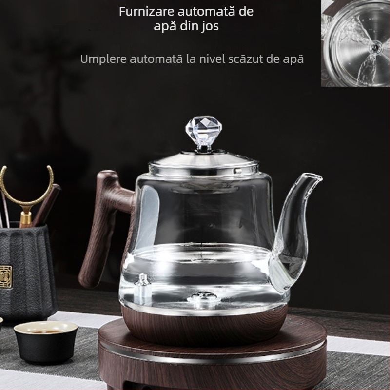 Set ceai electric cu oală de sticlă și bază ceramică, 1000–1500W, capacitate 1–2L, bază rotativă 360°, protecție împotriva uscării