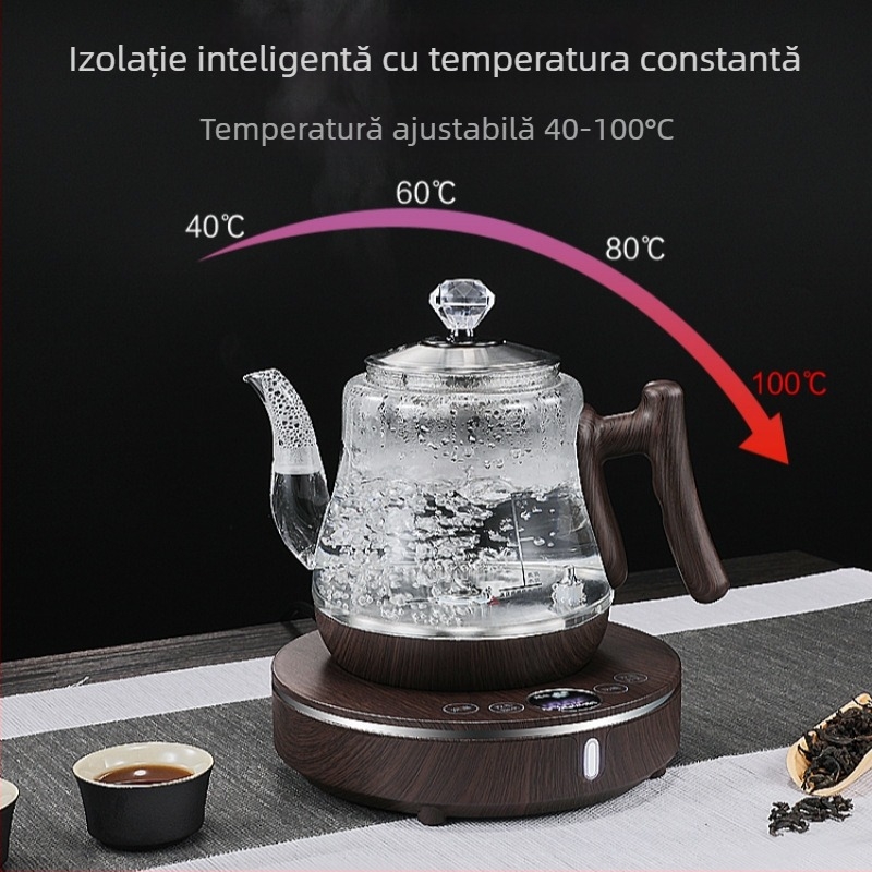 Set ceai electric cu oală de sticlă și bază ceramică, 1000–1500W, capacitate 1–2L, bază rotativă 360°, protecție împotriva uscării
