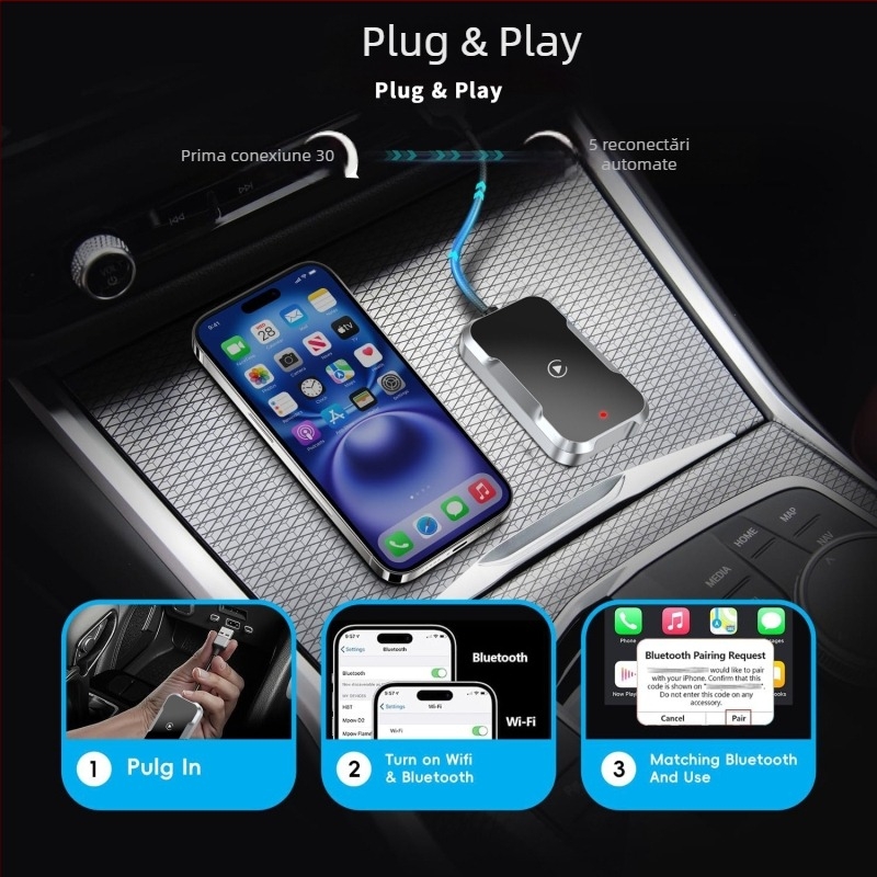 Box CarPlay Tyc13-2 pentru mașină, procesor dual-core, interfață USB-C, compatibil iOS/Android Auto, greutate 44 g