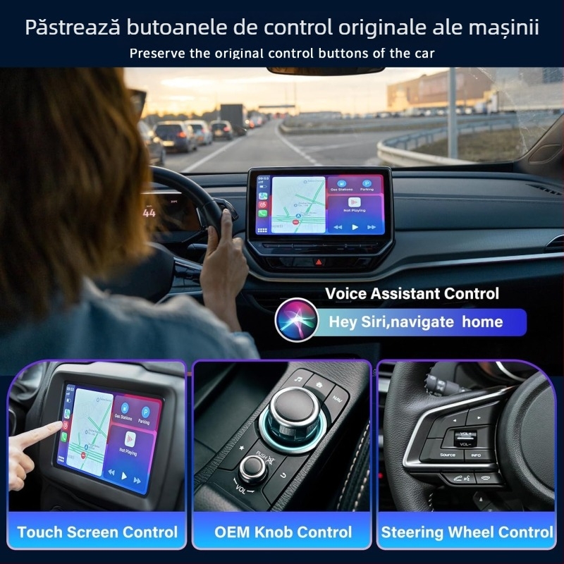 Box CarPlay Tyc13-2 pentru mașină, procesor dual-core, interfață USB-C, compatibil iOS/Android Auto, greutate 44 g