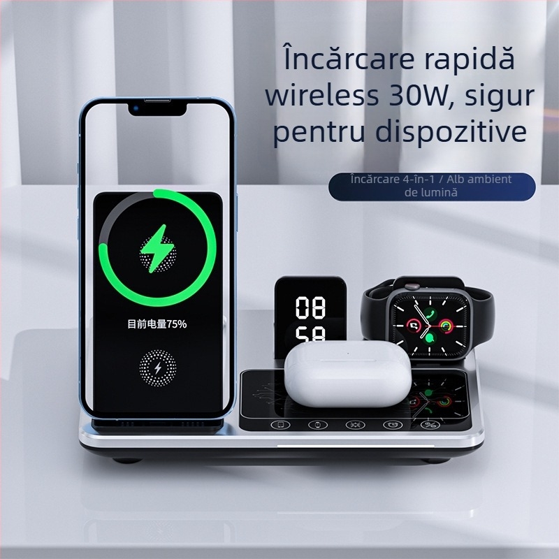 Suport pliabil de încărcare wireless cinci în unu cu senzor automat pentru telefon, ceas și căști — ABS, desktop, universal