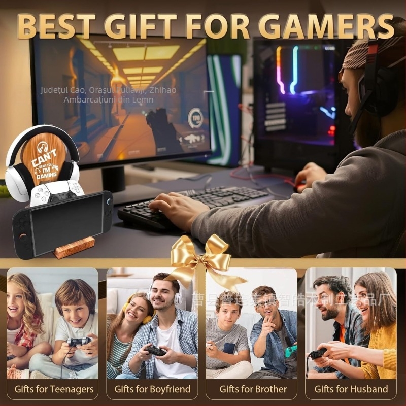 Suport pentru căști din lemn masiv pentru birou cu spațiu de depozitare | Model 1211