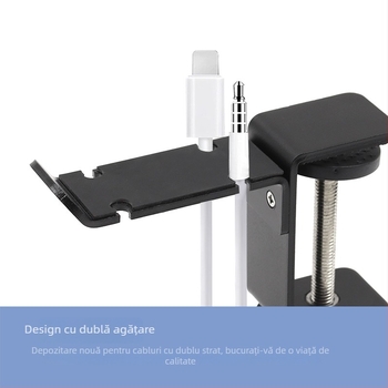 Suport de birou pentru căști cu cârlige duble, rotire la 360°, construcție metalică, fără găurire