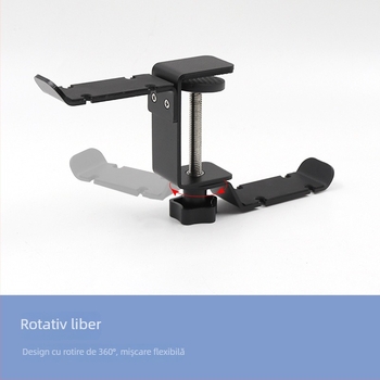 Suport de birou pentru căști cu cârlige duble, rotire la 360°, construcție metalică, fără găurire