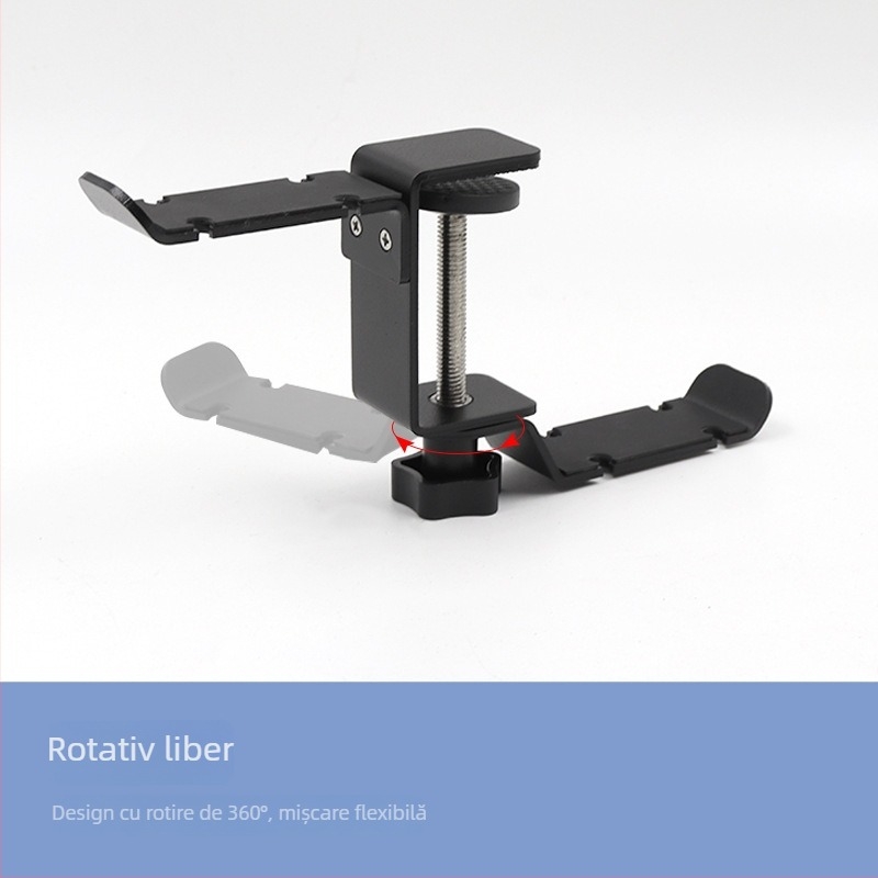 Suport de birou pentru căști cu cârlige duble, rotire la 360°, construcție metalică, fără găurire