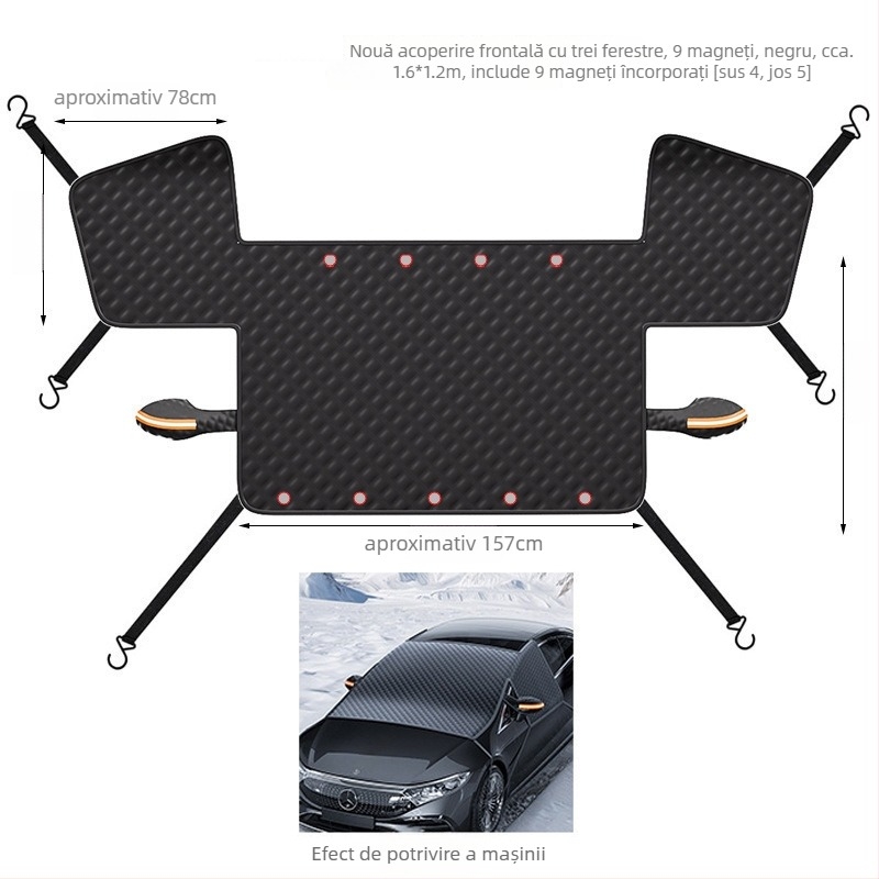 Protecție parbriz față pentru zăpadă, husă groasă din tarpaulin + bumbac compozit, montaj Snap-in, universal, 690 g, model plasă