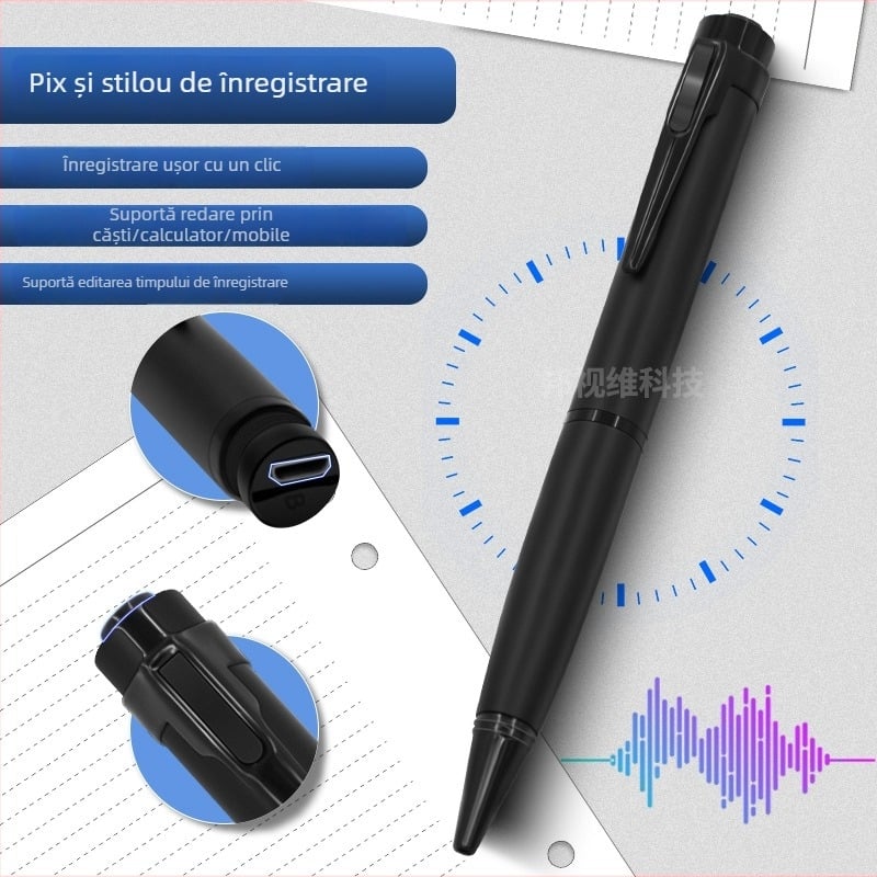 Înregistrator vocal în formă de stilou, înregistrare cu un buton, WAV, TF card pentru stocare, USB 2.0, carcasă din oțel