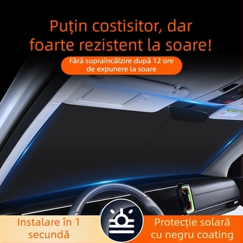 Protecție solară frontală pentru autoturism, folie de aluminiu, montaj cu cleme, imprimare a logo-ului