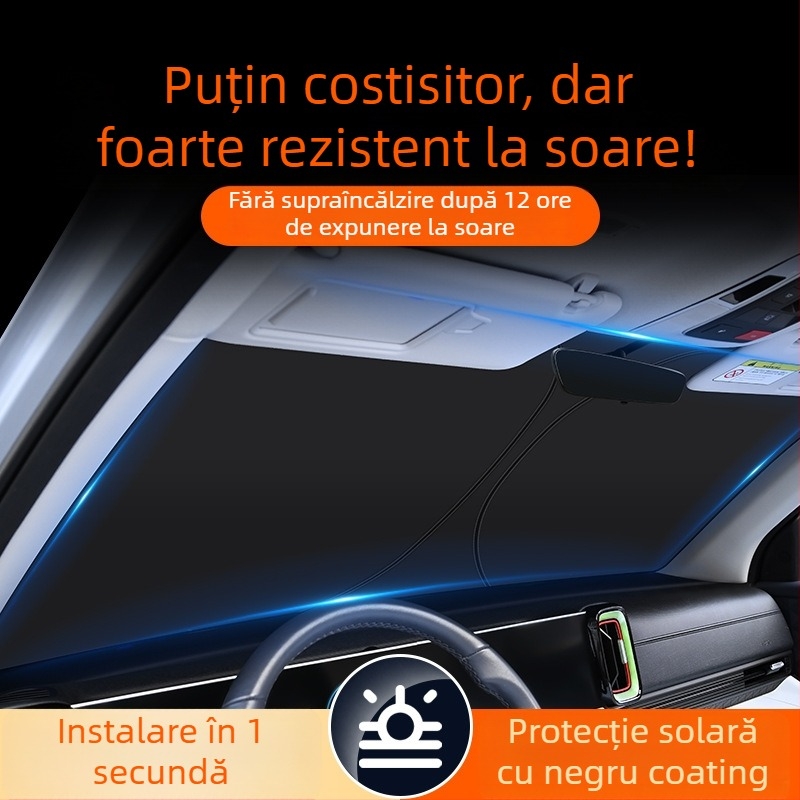 Protecție solară frontală pentru autoturism, folie de aluminiu, montaj cu cleme, imprimare a logo-ului