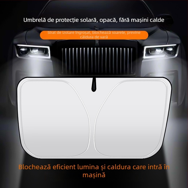 Protecție solară frontală pentru autoturism, folie de aluminiu, montaj cu cleme, imprimare a logo-ului