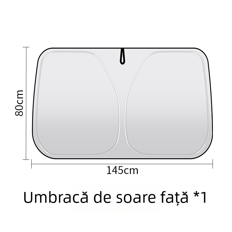 Protecție solară frontală pentru autoturism, folie de aluminiu, montaj cu cleme, imprimare a logo-ului