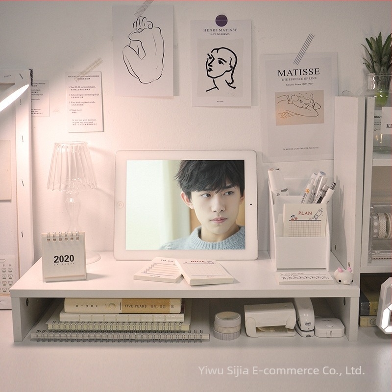 Suport de monitor pentru birou ridicat și organizator de birou, stil japonez, material hârtie, montaj cu șuruburi, 1 nivel, depozitare pentru machiaj, birou, dormitor, baie