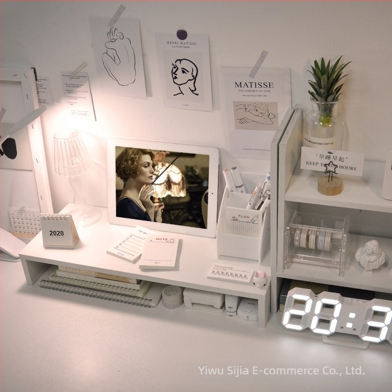 Suport de monitor pentru birou ridicat și organizator de birou, stil japonez, material hârtie, montaj cu șuruburi, 1 nivel, depozitare pentru machiaj, birou, dormitor, baie