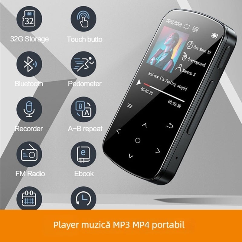 MP3 player clip pentru muzică cu Bluetooth, ecran tactil, suport TF card, MP3/WAV, radio FM