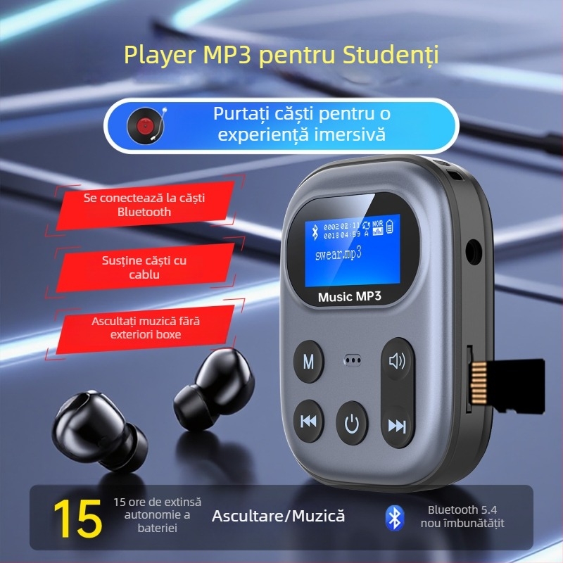 Bluetooth MP3 Player Transmitter – Suport TF Card, mufă 3,5 mm, autonomie 4–8 ore, model 03