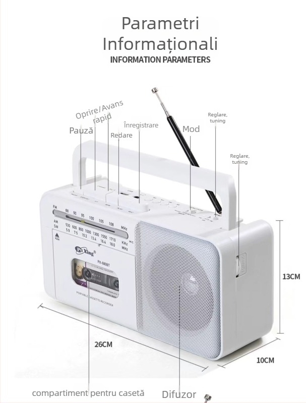 Recorder de casetă PX-680BT cu radio Bluetooth, bandă multiplă, interfață USB, difuzor încorporat, înregistrare
