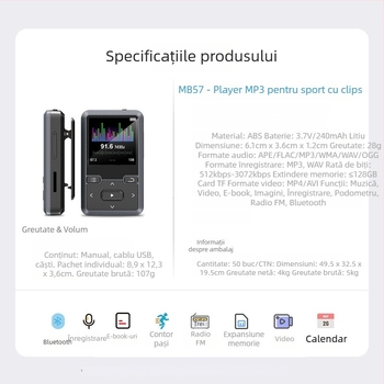 MB57 mini MP3 player cu Bluetooth, design clip, cititor de eBook, ecran monocrom 1,5 in, suport TF card și USB 2.0, redă MP3/WMA/WAV/OGG/FLAC/APE