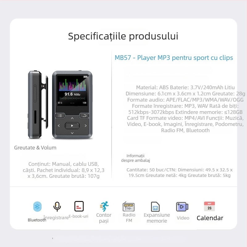MB57 mini MP3 player cu Bluetooth, design clip, cititor de eBook, ecran monocrom 1,5 in, suport TF card și USB 2.0, redă MP3/WMA/WAV/OGG/FLAC/APE