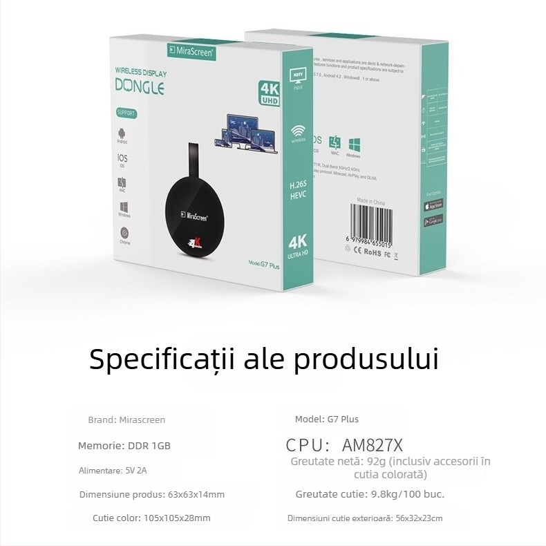 G7 Plus receptor HDMI wireless pentru oglindire de ecran, Wi‑Fi 2.4G/5G, ieșire HDMI 1080p (1920x1080), procesor AM8272, 2GB RAM, Windows compatibil