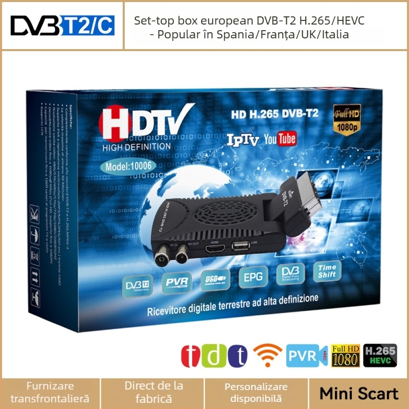 DVB-T2 set-top box cu HEVC H.265, interfață SCART, 1080p, USB/HDMI/Coaxial, suport HDD extern până la 2TB