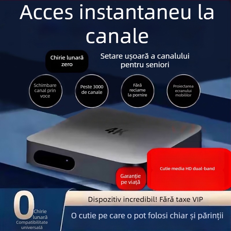 Box Android TV cu ieșire 4K, procesor MV100, 1GB RAM, 8GB stocare, HDMI, Wi-Fi, telecomandă Bluetooth