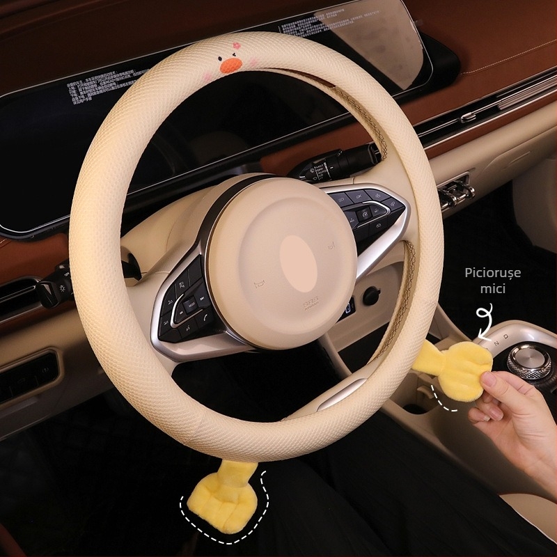 Capac volan auto cu imprimeu drăguț de rațe, potrivire universală, fibră sintetică, cusut manual