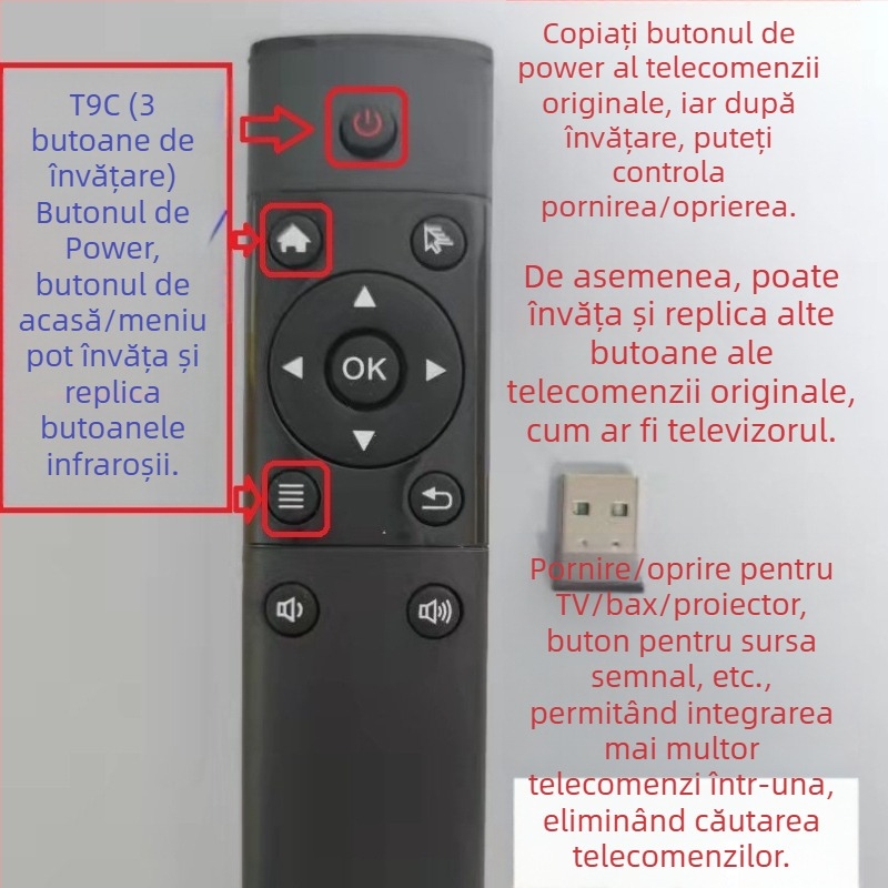 Telecomandă USB wireless pentru TV Box și proiector | interfață USB 2.4G, rază de 10 m, control 360°, compatibil Android/iOS/Windows