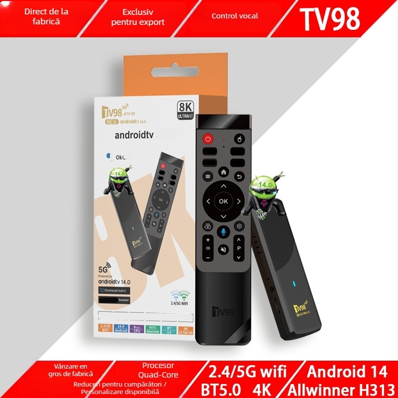 Set-top box cu Android 14, procesor quad-core Rockchip, 2 GB RAM, rezoluție 1080p, HDMI