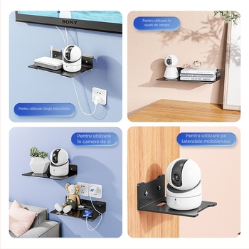 Poliță de perete multifuncțională pentru proiector, router și cameră; montaj cu adeziv, oțel carbon, 1 raft