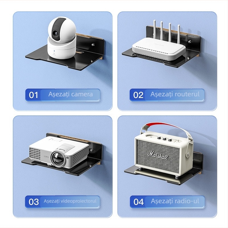 Poliță de perete multifuncțională pentru proiector, router și cameră; montaj cu adeziv, oțel carbon, 1 raft