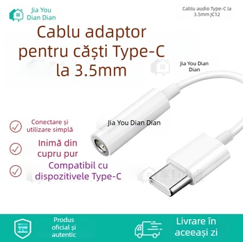 Cablu adaptor Type-C la 3,5 mm, conector universal pentru căști, JC12, nucleu de cupru, 10 cm lungime, splitter 1 la 3