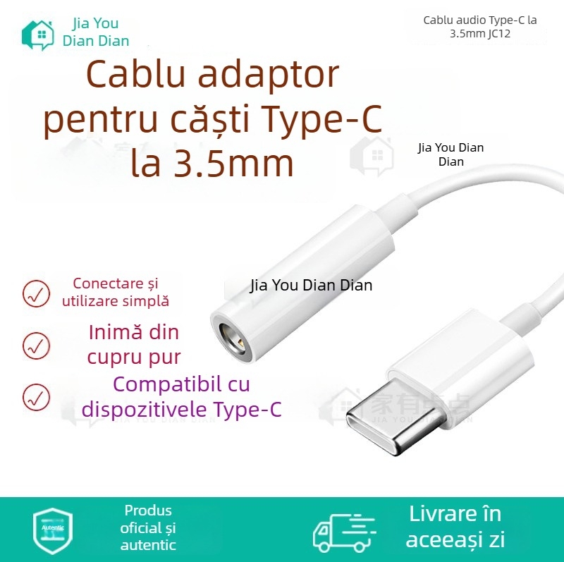 Cablu adaptor Type-C la 3,5 mm, conector universal pentru căști, JC12, nucleu de cupru, 10 cm lungime, splitter 1 la 3