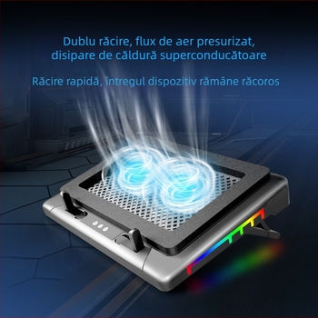 Radiator pentru laptop cu ventilatoare duale, suport reglabil pe înălime, funcționare silențioasă, construcție din plastic, cablu USB de 1 m