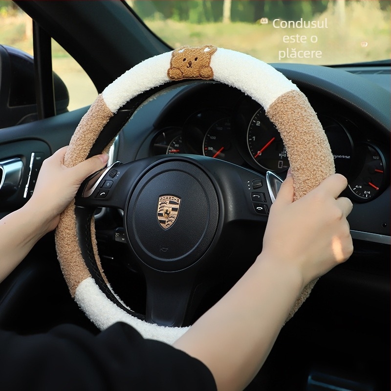 Husă pentru volan auto, material pluș artificial, montaj universal, utilizare pe toate anotimpurile, aderență antiderapantă