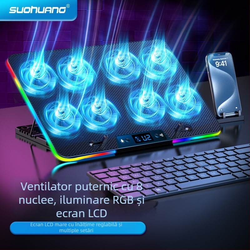 Bază de răcire pentru laptop Suo Huang N8RGB – 8 ventilatoare, viteză reglabilă, iluminare RGB, carcasă din plastic, lansare 2024