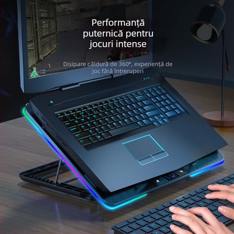 Bază de răcire pentru laptop cu 9 ventilatoare, reglaj viteze, iluminare RGB, model N9RGB, din plastic