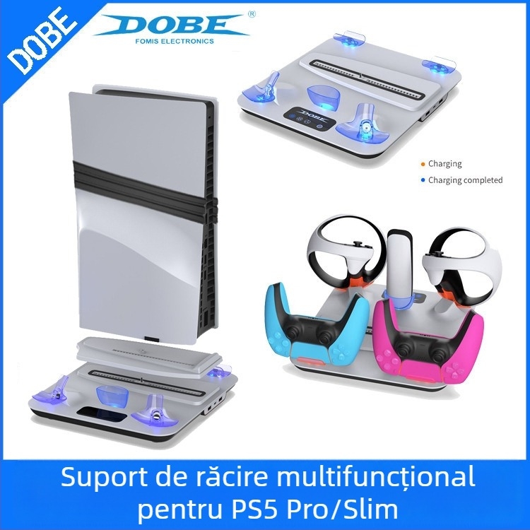DOBE bază de răcire pentru PS5 Pro/Slim cu încărcător pentru controller PSVR2 și suport pentru căști – PS5 Slim, 773 g, 26.5 × 28.1 × 7 cm