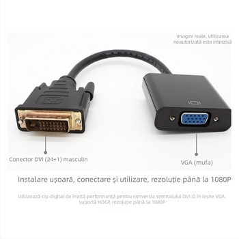 Cablu adaptor DVI-VGA, cu miez de cupru, cap unic, interfață DVI