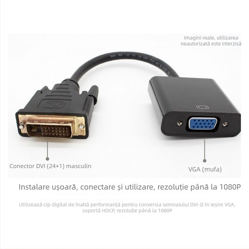 Cablu adaptor DVI-VGA, cu miez de cupru, cap unic, interfață DVI