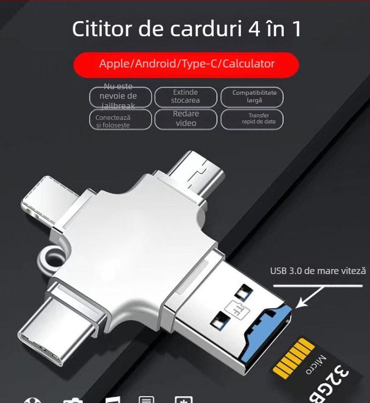 Adaptor OTG Type-C, patru în unu, interfețe multiple, cititor TF de carduri
