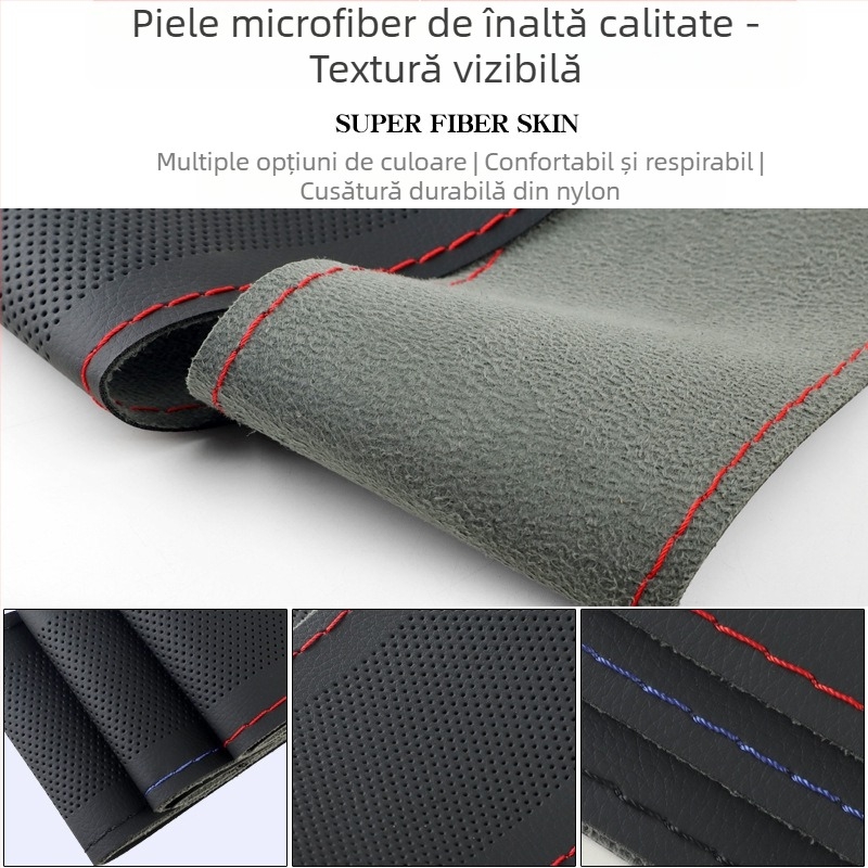 Husă de volan cusută manual, din piele de microfibră, absoarbe transpirația, respirabilă, antiderapantă, universală pentru toate anotimpurile