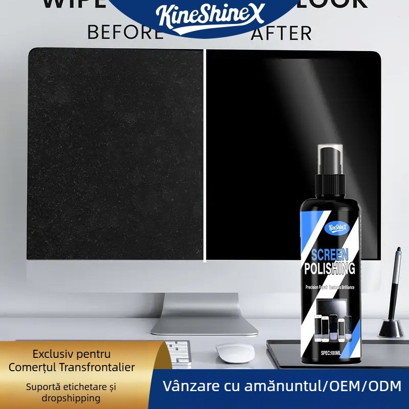 Kit de curățare a ecranelor pentru calculatoare, laptopuri, tastatură, ochelari și lentile de cameră — kineshinex; conținut net 50/100 ml; greutate brută 50/100 g; marcă autohtonă; marcă privată autorizată