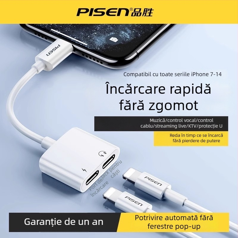 Pisen adaptor 2-în-1 pentru iPhone: încărcare și redare muzică, compatibil cu Apple 7/8/X/XR/11/12/13/14, streaming mobil
